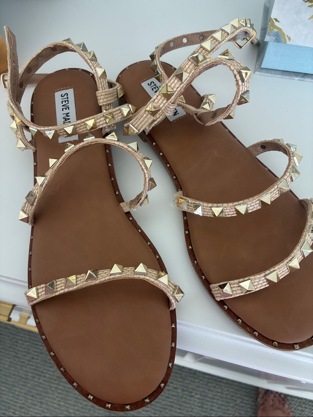 Steve Madden tan with gold rivets sandals.  Brand new. Size 10